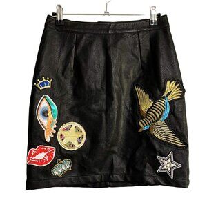 Sunset + Spring Vegan Leather Embellished Patch Detail Black Mini Skirt Size S